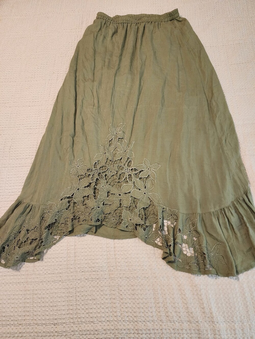 Loca De Amor One Size Olive Green Midi Skirt Embroidered Lace Elastic Waist